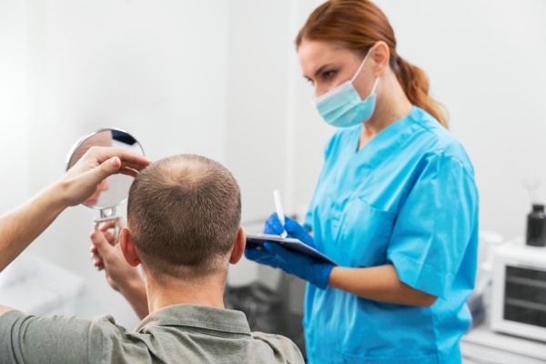 Homem visitando o dermatologista pós transplante capilar