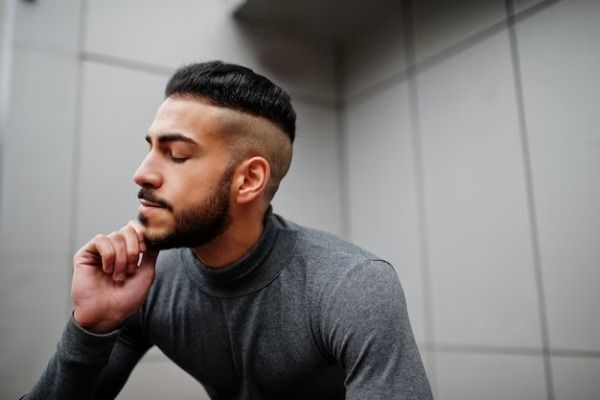 Retrato de un hombre árabe con barba elegante y cuello alto gris, modelo árabe frente a una pared de acero