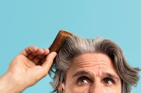 Vista frontal do homem mais velho penteando o cabelo