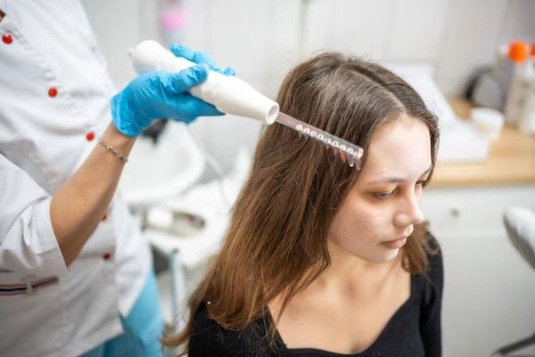 esteticista profissional realizando procedimento de tratamento capilar darsonval jovem salão de beleza