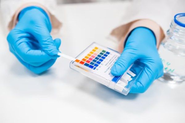 Cientista de perto verifica um pH usando papel indicador