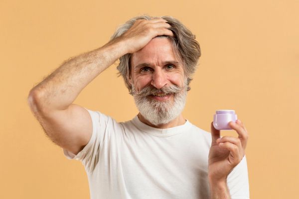 Homem feliz com seu implante de cabelo