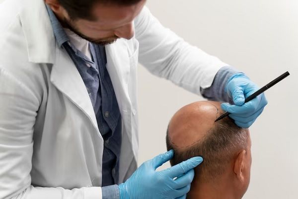 implante capilar - Cirurgião capilar realizando o desenho do transplante capilar na coroa de um paciente careca