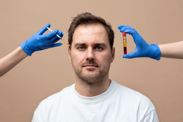 Homem sorridente recebendo injeção de prp e consultando quando são vistos os resultados do PRP capilar