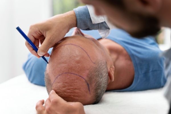 Homem corajoso passando por um processo de extração de unidade folicular - enxerto de cabelo em cicatrizes