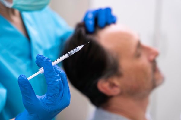 Homem recebendo tratamento de PRP capilar
