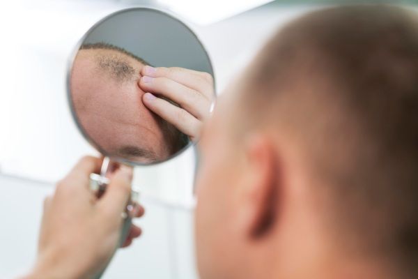 Perda de choque após transplante capilar - Homem observando os primeiros resultados de seu transplante ou implante capilar no espelho