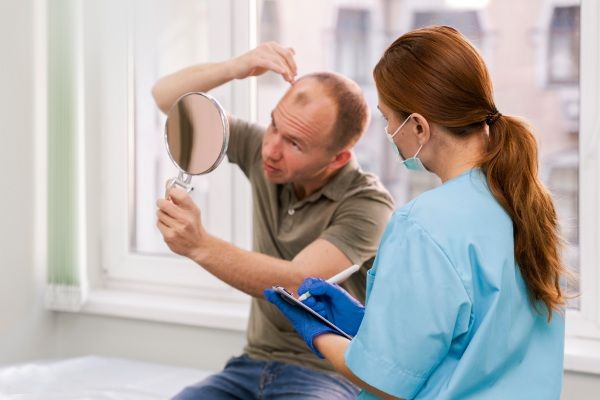 Dermatologista explica ao paciente os graus da alopecia androgenética 
