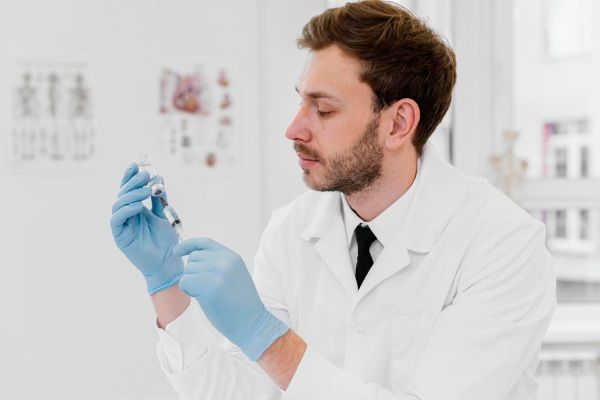 Médico de tiro médio segurando o frasco