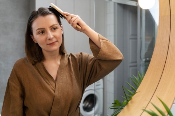 Adulto cuidando do cabelo