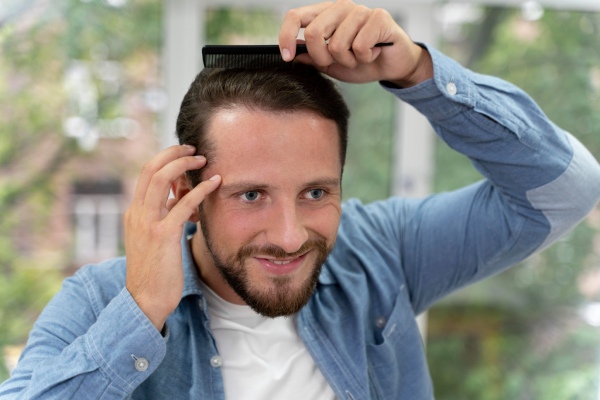 transplante capilar FUE - Homem satisfeito penteia o cabelo após se recuperar do transplante capilar