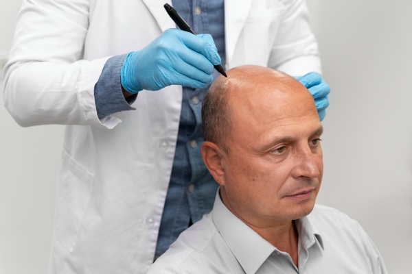 transplante capilar FUE - especialista iniciando o desenho de um transplante capilar na cabeça de um paciente calvo