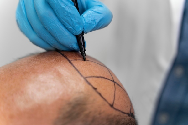 enxertar cabelo de outra pessoa - Tricologista desenhando o projeto de transplante capilar na cabeça do paciente