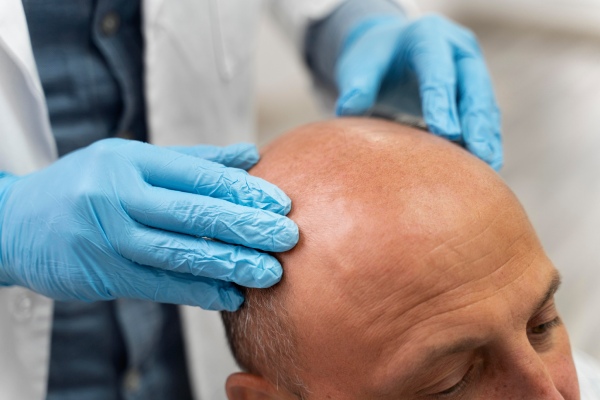 enxertar cabelo de outra pessoa - tricologista no consultório verificando a calvície de um paciente