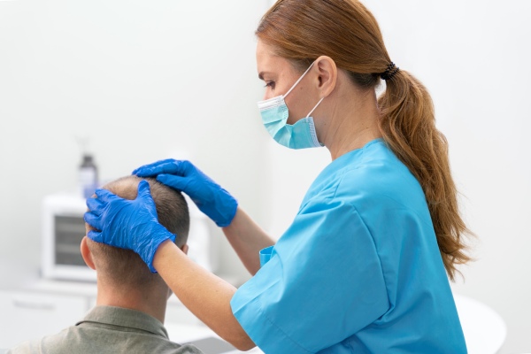 Tricologista examinando a coroa da cabeça de um paciente para verificar o progresso da alopecia