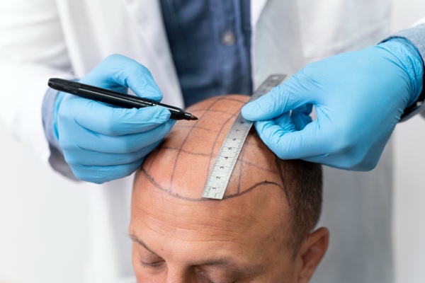 Técnicas de implante capilar - Tricologista fazendo o desenho de um transplante capilar com uma régua na cabeça do paciente