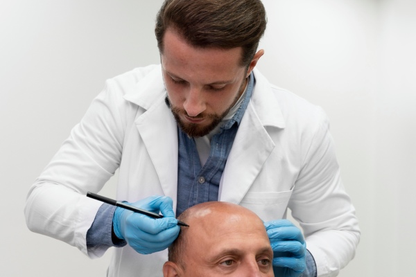 Especialista desenhando o projeto de um transplante de cabelo na cabeça de um paciente