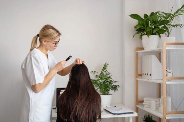 dermatologista verificando o couro cabeludo de um paciente