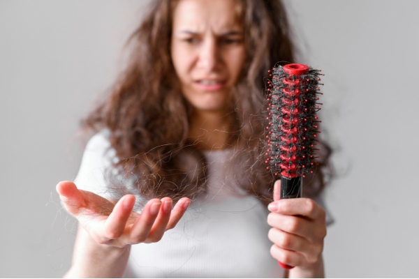 alopecia por tração - Mulher olhando assustada para os fios de cabelo em sua escova depois de pentear o cabelo