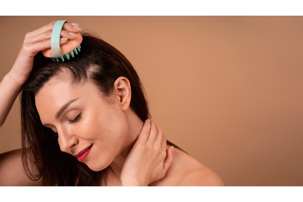 mulher massageia o couro cabeludo