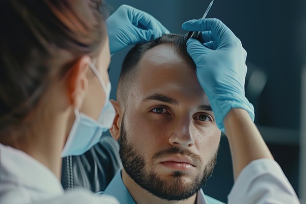 homem no consultório da especialista revisando as entradas do cabelo